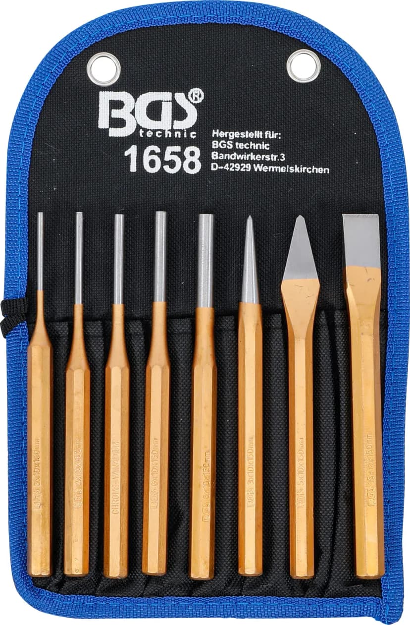Set valjastih izbijačev, 150 mm, vklj. dleto + točalo, 8-delni