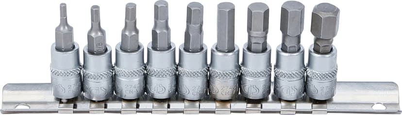 Set nasadnih ključev z biti, pogon 6.3 mm (1/4"), notranji šestrob 3/32" - 3/8", palčne velikosti, 9-delni