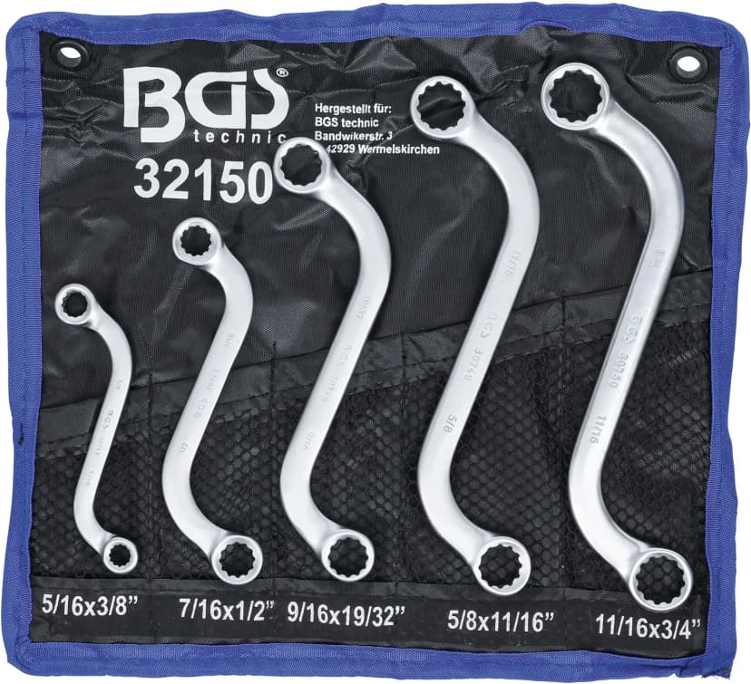 Set dvojnih obročnih ključev, S-oblika, palčne velikosti, 3/8" - 3/4", 5-delni