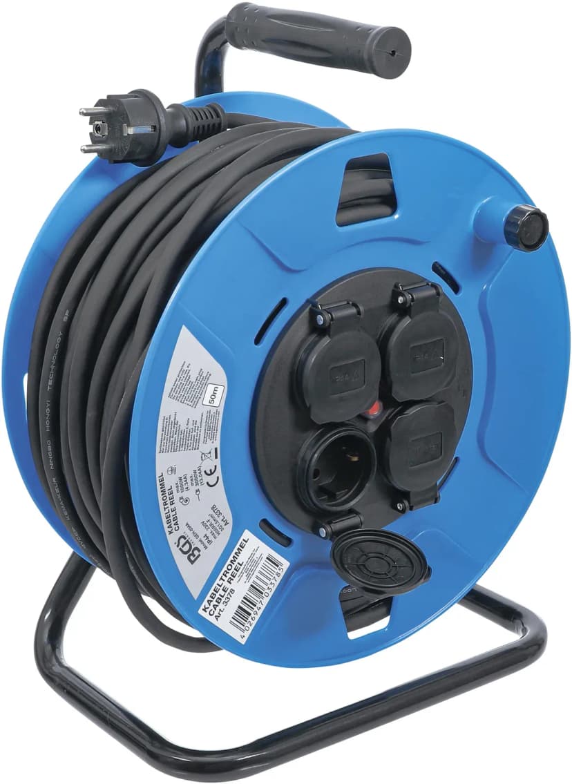 Kabelski boben, 50 m, 3 x 1.5 mm², 4 vtičnice s tesnilnim pokrovčkom, IP 44, 3500 W
