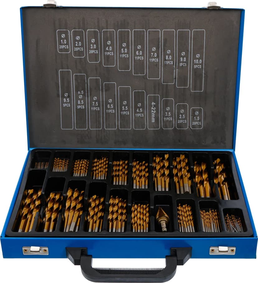 Set spiralnih in stopničastih svedrov, HSS, titanov nitrid, 1 - 10 mm, 231-delni
