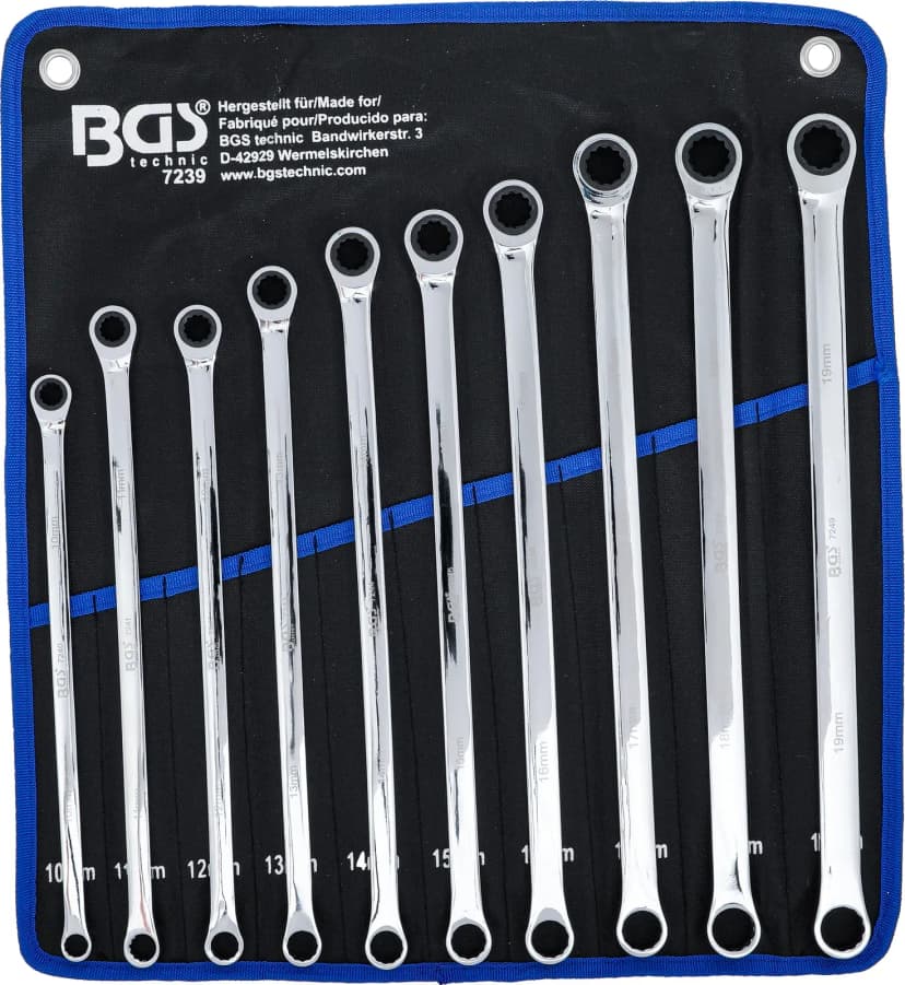 Set raglnih obročnih ključev in obročnih ključev, ekstra dolg, 10 - 19 mm, 10-delni