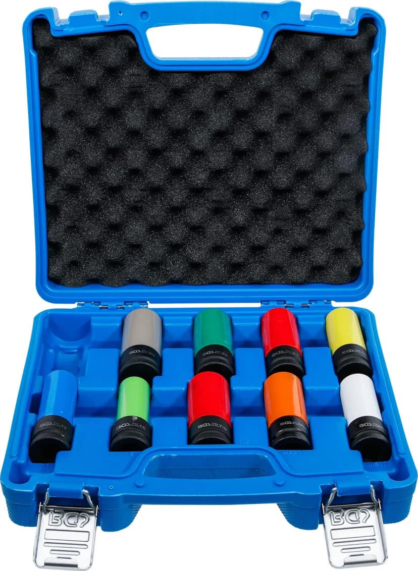Set zaščitnih udarnih nasadnih ključev, pogon 12.5 mm (1/2"), 15 - 24 mm in posebne kolesne matice, 10-delni