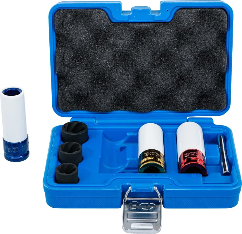 Set zaščitnih udarnih nasadnih ključev in Twist nasadnih ključev (spiralni profil) / izvlekač vijakov, pogon 12.5 mm (1/2"), 17 - 21 mm, 7-delni