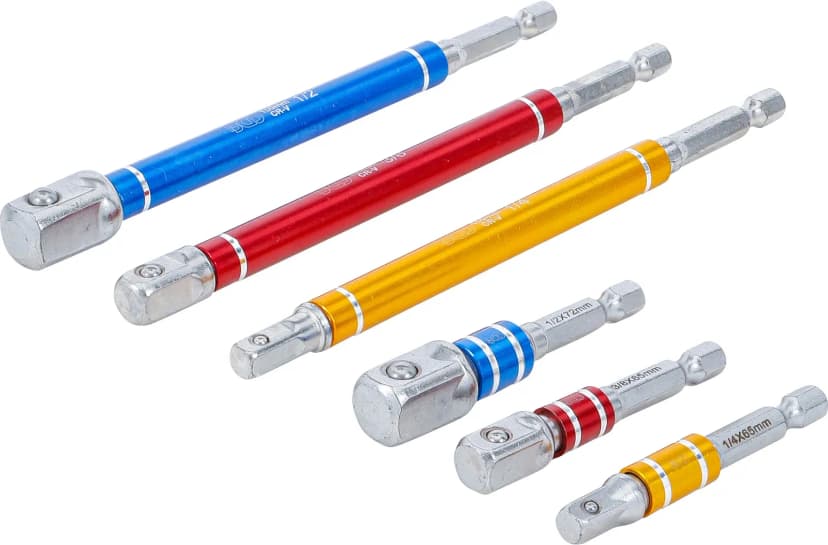 Set adapterjev za električne vrtalnike, večbarvno, pogon 6.3 mm (1/4"), zunanji štirirob 6.3 mm (1/4") / 10 mm (3/8") / 12.5 mm (1/2") mm, 75 - 150 mm, 6-delni