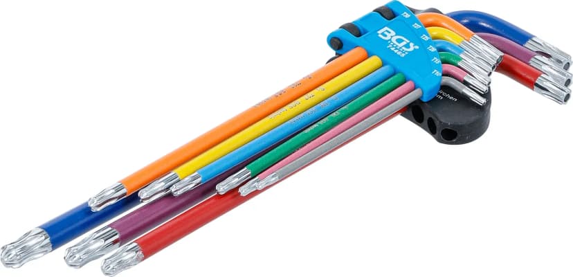 Set L-ključev, večbarvno, ekstra dolg, T-profil z izvrtino (za Torx) s kroglično glavo T10 - T50, 9-delni