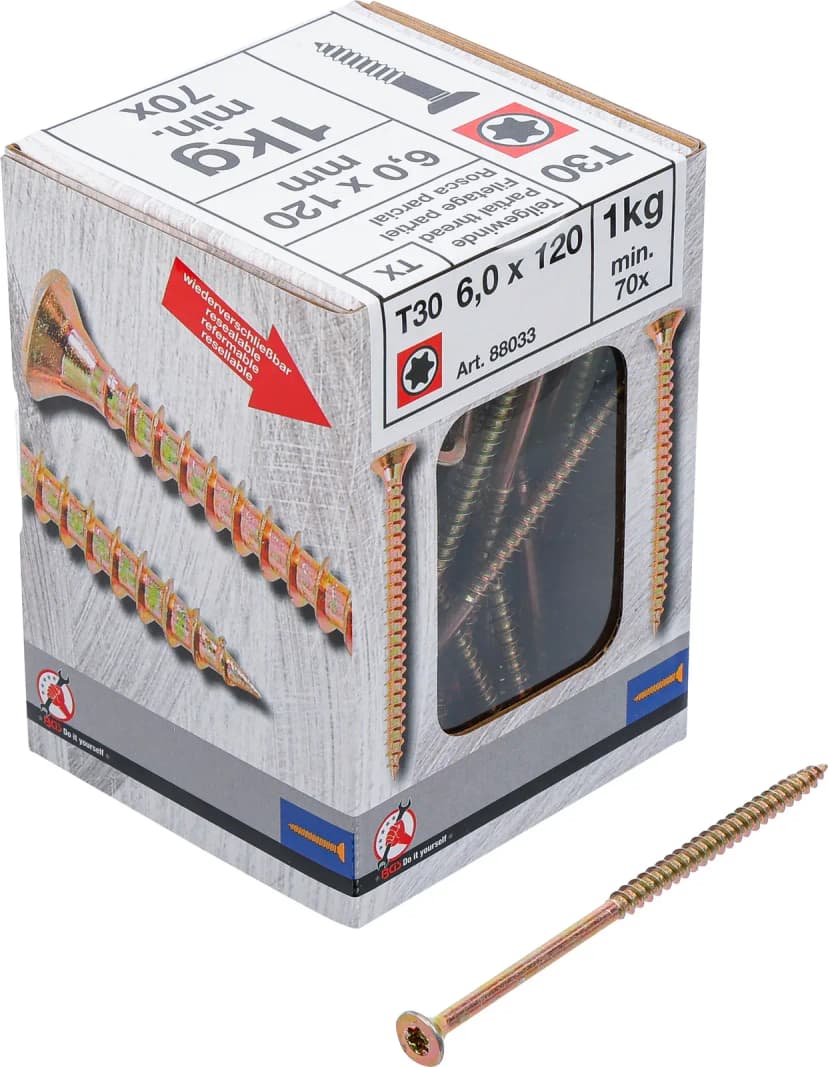 Večnamenski vijaki, T-profil (za Torx) T30, 6.0 x 120 mm, 1kg / 70 pcs.